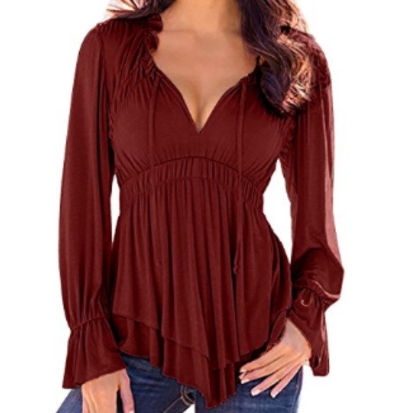 C.C. Boutique Tops - NWOT Peasant Tunic Deep V Bell Sleeve Top